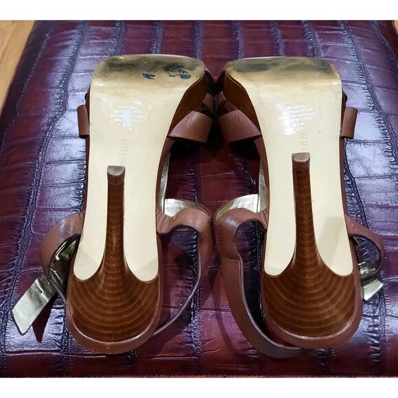Designer Marc Fisher Varika Varika2 Platform Strappy Heel Sandals Brown/Gold 9.5 - Picture 7 of 7